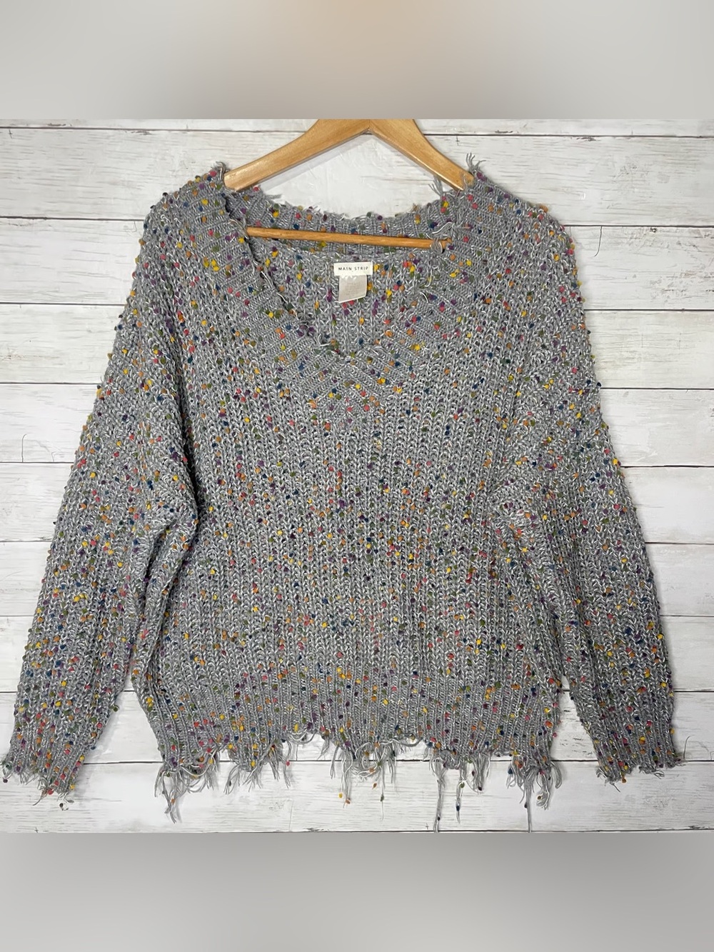 Main Strip Gray V-Neck Sweater with Multicolor Confetti Flecks